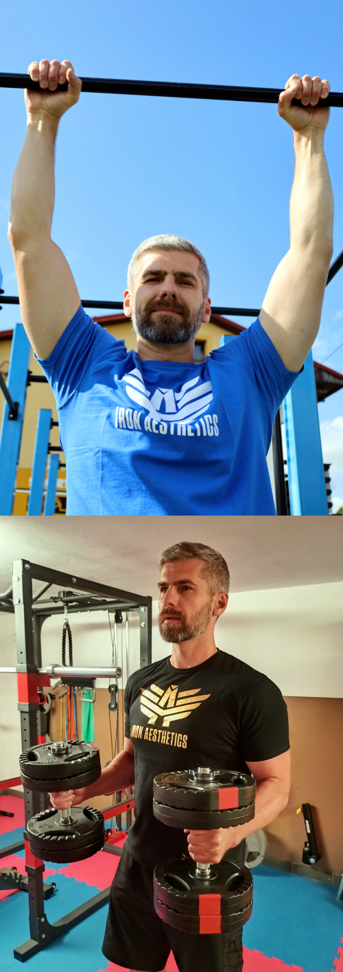 Obrázky kouče Jana Nývlta na workoutovém hřišti a doma v posilovně.