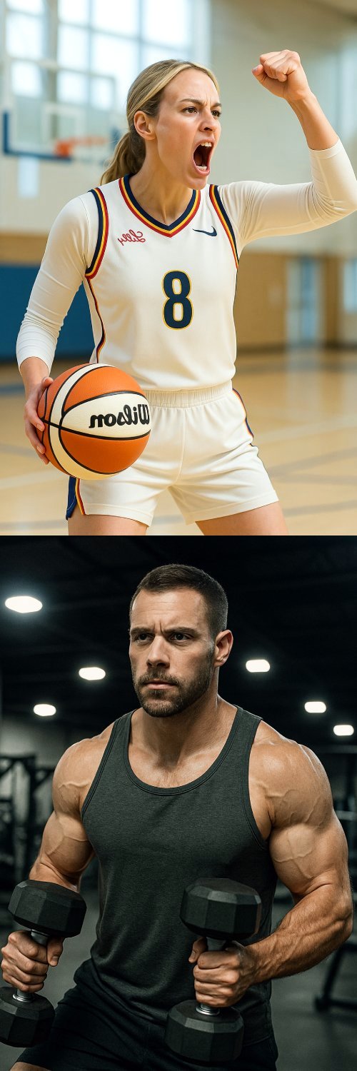Obrázek soustředěné basketbalisty a pod ní obrázek kulturisty s jednoručními činkami.